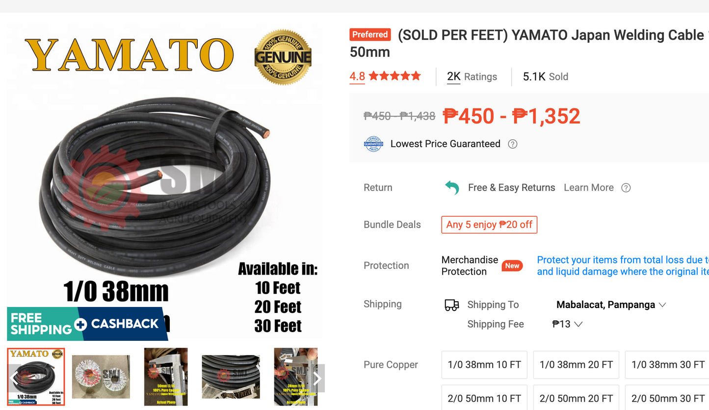 PER FEET Welding Cable YAMATO (1 METER = 3 FEET)
