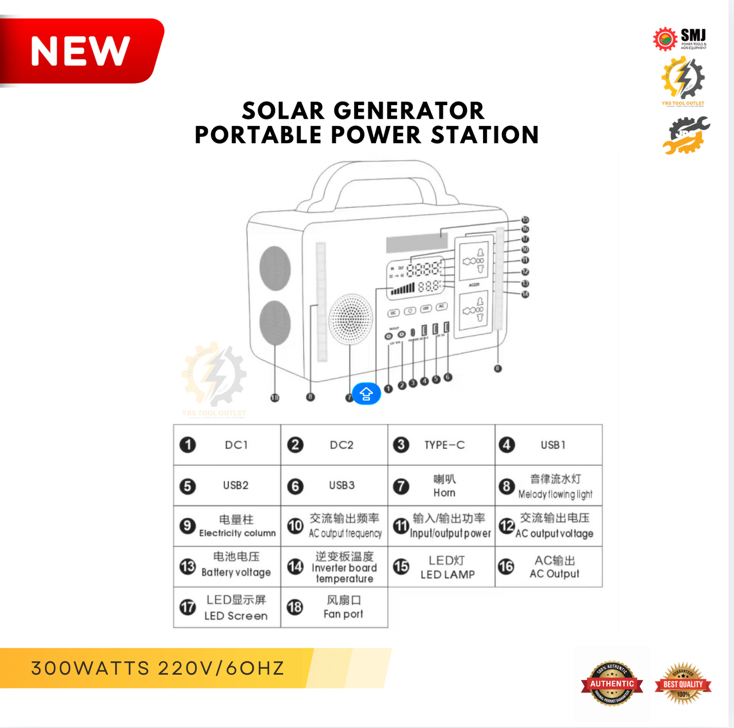 SOLAR GENERATOR PORTABLE POWER STATION 300W 220/60HZ
