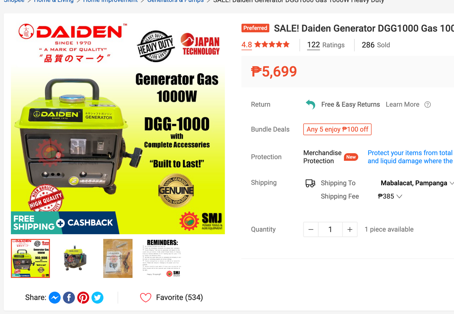 SALE! Daiden Generator DGG1000 Gas 1000W Heavy Duty